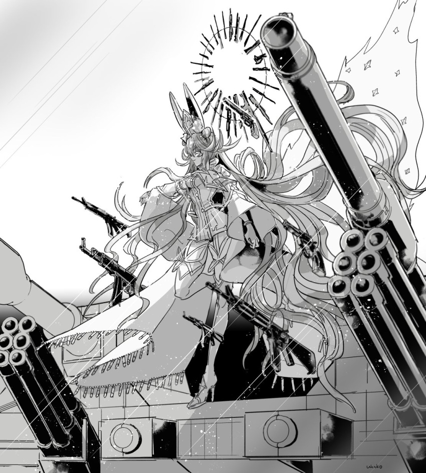 1girl animal_ear_fluff animal_ears armored_vehicle artillery artist_name bangs bow breasts bullet cannon cape circle closed_mouth dress eyebrows_visible_through_hair fate/grand_order fate_(series) floating_hair fox_girl from_below full_body gem greyscale ground_vehicle gun hair_between_eyes hair_bun hat high_heels highres koyanskaya_(fate) long_hair looking_to_the_side machine_gun military military_vehicle monochrome motor_vehicle rabbit_ears revolver ribbon rifle sidelocks solo standing tail tamamo_(fate) tank thighhighs uhana very_long_hair weapon wristband