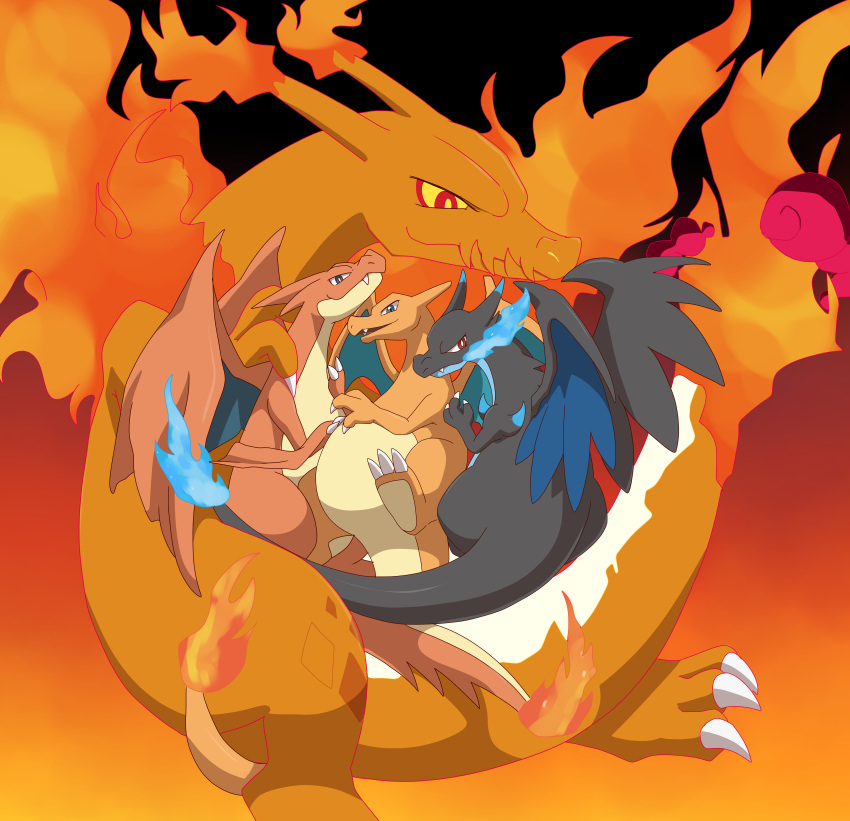 absurd_res black_body black_skin blue_body blue_eyes blue_fire blue_skin charizard claws colored_fire enon finger_claws fire flaming_horn flaming_tail flaming_wings gigantamax_charizard gigantamax_pok&eacute;mon group hi_res mega_charizard mega_charizard_x mega_charizard_y mega_evolution membrane_(anatomy) membranous_wings nintendo orange_body orange_skin pok&eacute;mon pok&eacute;mon_(species) red_eyes spikes toe_claws video_games wings