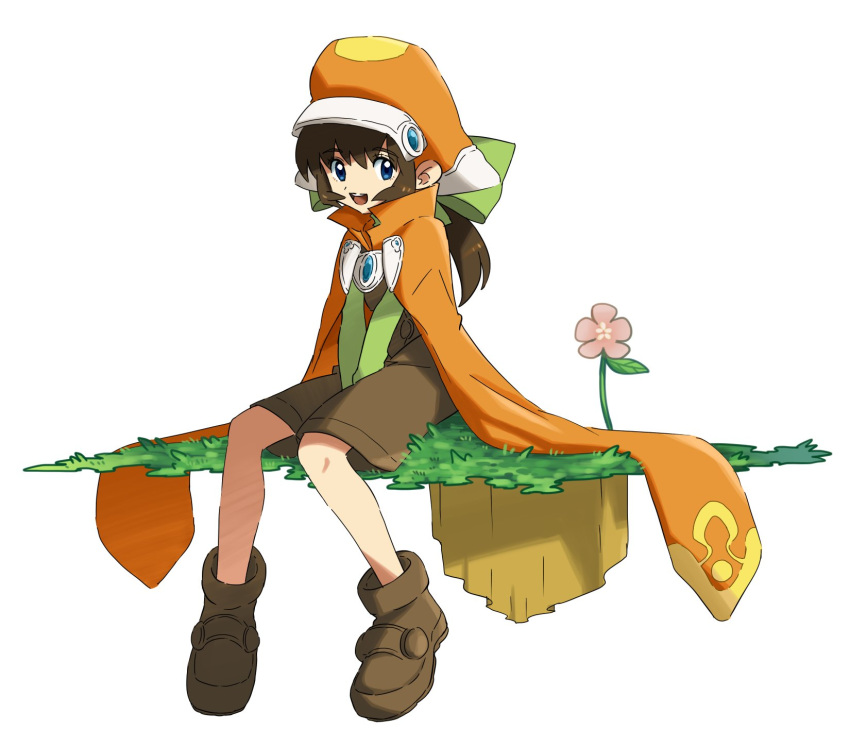 1girl blue_eyes bow brown_hair cape flower full_body hat highres long_hair looking_at_viewer marguerite_fatima open_mouth orange_headwear piko_han simple_background smile solo white_background xenogears