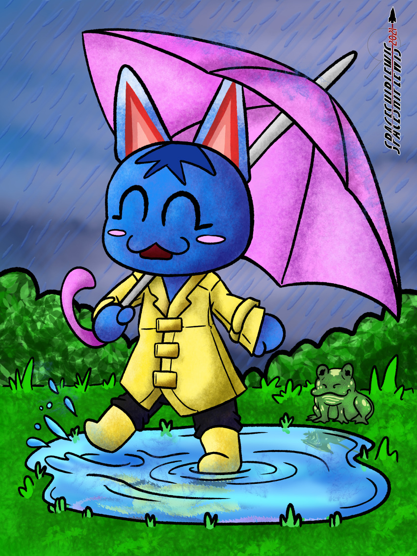 absurd_res amphibian animal_crossing background_character bottomwear bush_(disambiguation) clothing cloudscape coat domestic_cat duo felid feline felis female feral frog grass hi_res humanoid mammal nintendo pants plant puddle rain_boots raincoat raining rosie_(animal_crossing) sky spaceshiplewis splashing topwear umbrella video_games wet