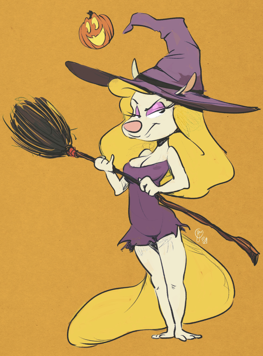 animaniacs anthro barefoot breasts broom cleaning_tool cleavage clothed clothing edtropolis feet female hat headgear headwear hi_res jack-o'-lantern mammal minerva_mink mink mustelid musteline solo true_musteline warner_brothers witch_hat