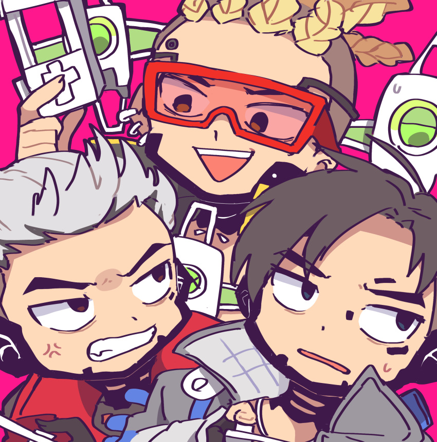 3boys absurdres anger_vein annoyed apex_legends blonde_hair brown_eyes cornrows crypto_(apex_legends) devil's_advocate_crypto drone grey_hair hack_(apex_legends) highres holding hype_beast_crypto jacket looking_up male_focus multiple_boys multiple_persona nojima_minami pink_background red_jacket smile sunglasses sweatdrop tied_hair white_jacket