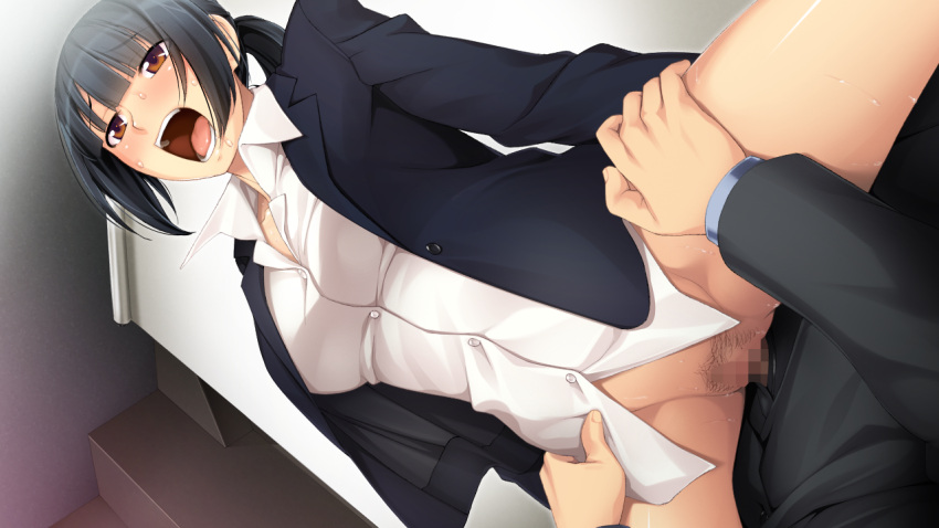 1boy 1girl andou_karin bangs black_hair black_jacket blunt_bangs blush bottomless breasts brown_eyes censored collared_shirt cowgirl_position dress_shirt dutch_angle eyebrows_visible_through_hair female_pubic_hair game_cg girl_on_top hetero jacket long_hair long_sleeves mosaic_censoring office_lady open_clothes open_jacket open_mouth osaka_awaking penis ponytail pubic_hair sakurajima_saromako shiny shiny_hair shirt small_breasts straddling sweatdrop thigh_grab tied_hair vaginal white_shirt wing_collar