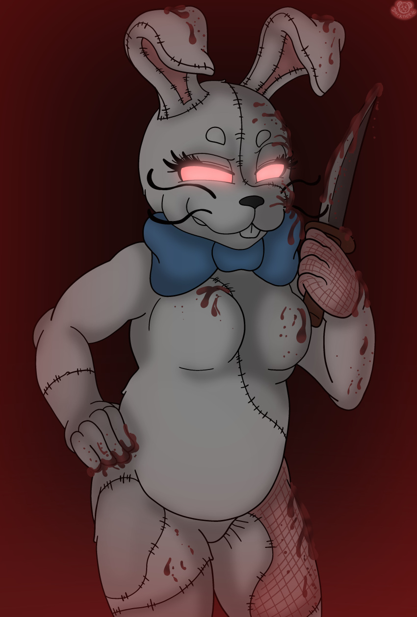 absurd_res anthro black_eyes blood blood_on_chest blood_on_face blood_on_hand bodily_fluids bow_ribbon darknetic digital_media_(artwork) fabric female five_nights_at_freddy's five_nights_at_freddy's:_security_breach fur glowing glowing_eyes grey_body grey_fur hi_res knife lagomorph leporid mammal pink_body pink_fur rabbit scottgames simple_background solo vanny_(fnaf) video_games white_body white_fur