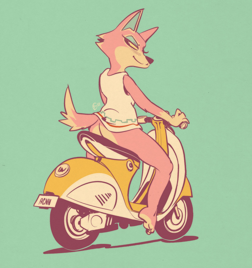 animal_crossing anthro barefoot blush canid canine canis clothed clothing dress edtropolis eyeshadow feet female freya_(animal_crossing) hi_res makeup mammal nintendo no_underwear raised_clothing raised_dress scooter solo video_games wolf