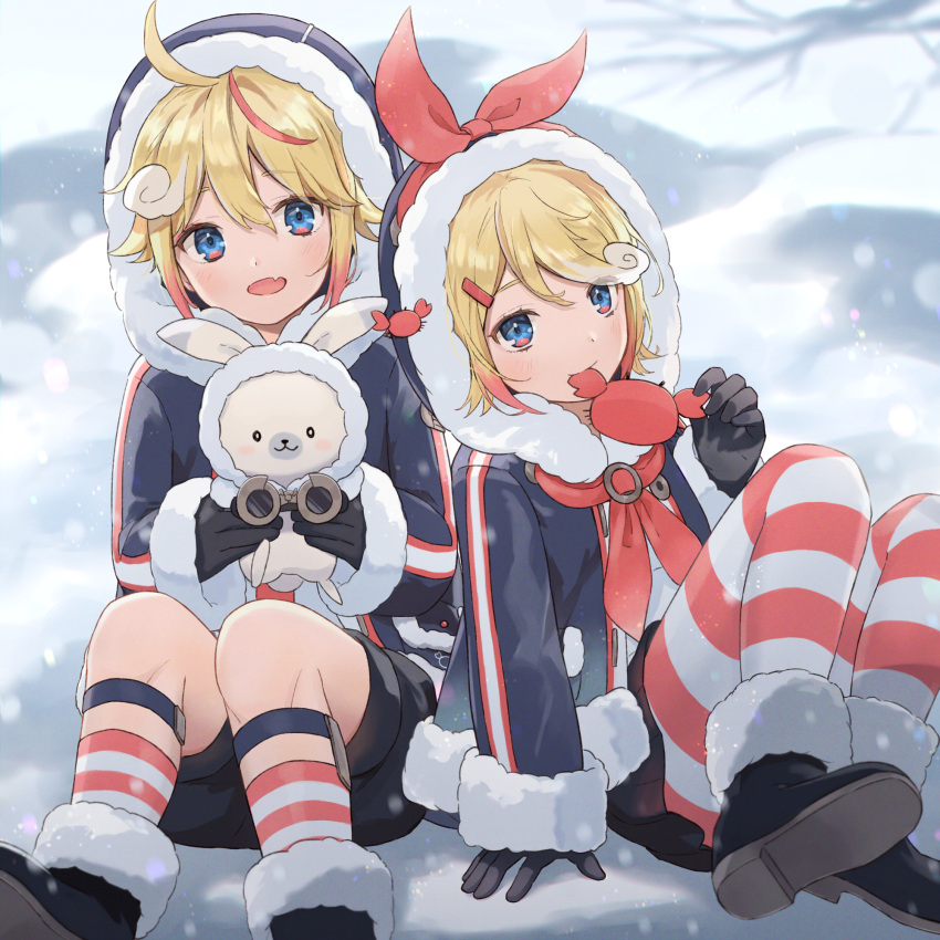 1boy 1girl 1other animal ashika_(yftcc948) binoculars biting black_coat black_footwear black_gloves blonde_hair blue_eyes boots bow bunny coat commentary crab dip-dyed_hair fang fur-trimmed_boots fur-trimmed_coat fur-trimmed_hood fur_trim gloves hair_bow highres holding holding_animal hood hood_up hooded_coat kagamine_len kagamine_rin knees_up looking_at_viewer multicolored_hair neckerchief open_mouth outdoors rabbit_yukine red_bow red_hair red_legwear red_neckerchief sitting skin_fang smile snow snowing streaked_hair striped striped_legwear two-tone_hair vocaloid wavy_hair winter