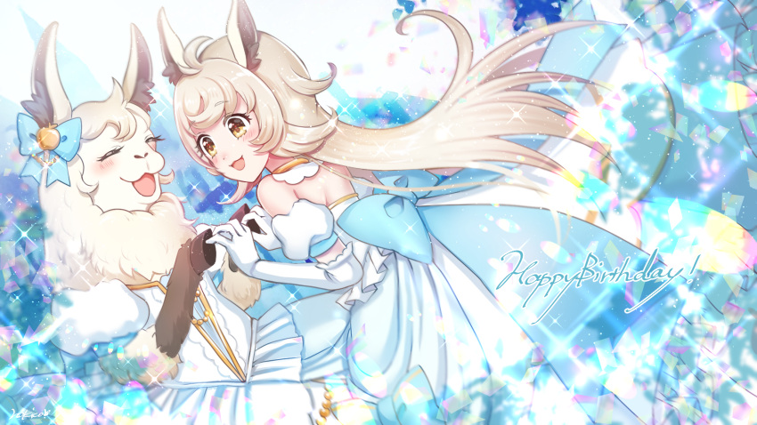 1girl :d animal_ear_fluff animal_ears apple_hair_ornament artist_name blonde_hair blue_bow blush bow closed_eyes dress dress_bow elbow_gloves food-themed_hair_ornament furry furry_female gloves hair_ornament happy_birthday highres llama long_hair looking_at_another princess_connect! rima_(princess_connect!) rokico smile sparkle white_dress white_gloves yellow_eyes