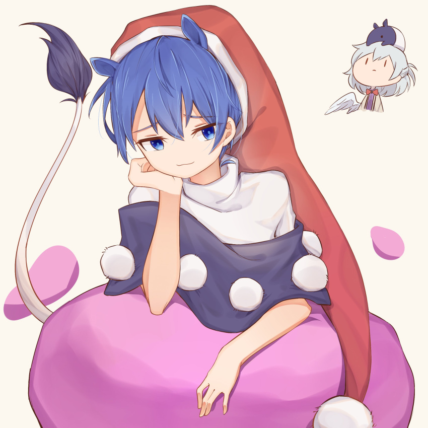 2girls :3 :| absurdres angel_wings animal_ears animal_on_head bangs beige_jacket black_capelet blob blue_eyes blue_hair blush book bow bowtie braid breasts capelet chibi chibi_inset chinese_commentary closed_mouth collared_dress commentary_request doremy_sweet dream_soul dress elbow_rest eyebrows_visible_through_hair eyelashes feathered_wings feet_out_of_frame fingers french_braid furrowed_brow hair_between_eyes half_updo hat highres idaku kishin_sagume knees long_sleeves looking_at_another multiple_girls nightcap off_shoulder on_head pom_pom_(clothes) purple_dress red_bow red_bowtie red_neckwear short_hair short_sleeves silver_hair simple_background single_wing sitting smile standing tail tapir tapir_ears tapir_tail touhou turtleneck white_background white_dress wing_collar wings |_|