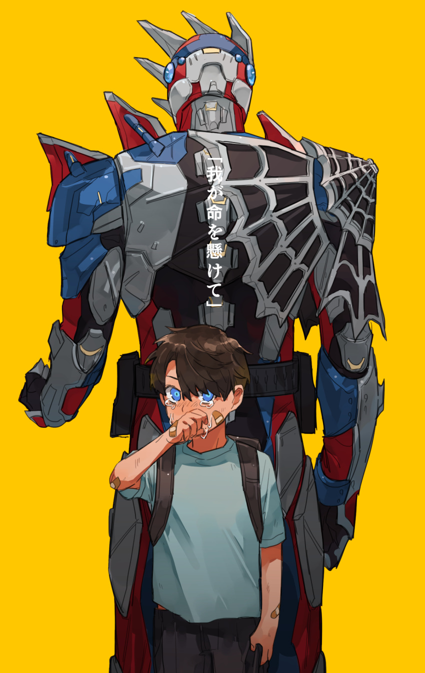 1boy armor backpack bag bandaid bandaid_on_arm bandaid_on_face bbbb_fex blue_armor blue_shirt crying crying_with_eyes_open evolution extra_eyes facing_away highres kadota_hiromi kamen_rider kamen_rider_demons kamen_rider_revice motivator older orange_background red_armor rider_belt shirt silk spider_genome spider_web spider_web_print tears timeskip translation_request web_print younger