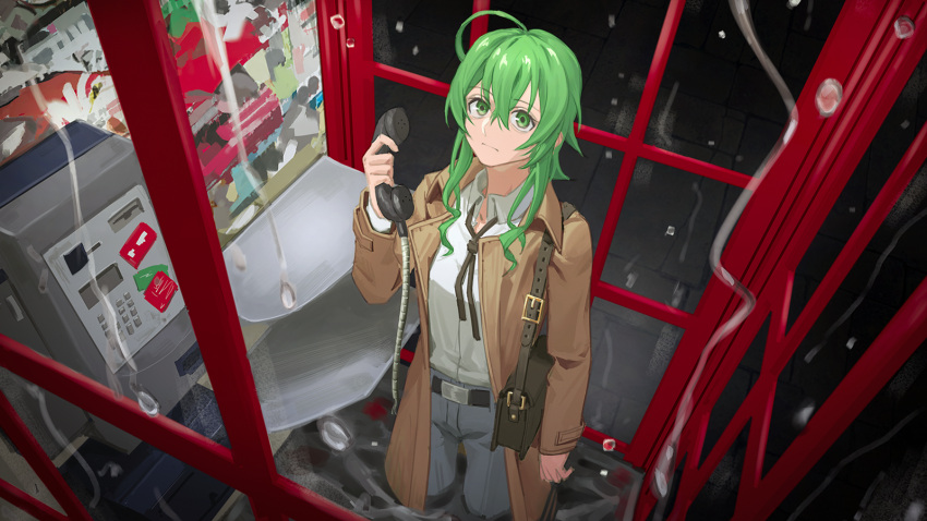 1girl ahoge bag belt black_ribbon blue_pants brown_coat coat foreshortening from_above green_eyes gumi hand_up highres holding holding_phone looking_at_viewer looking_up medium_hair neck_ribbon night pants phone phone_booth rain ribbon shirt shoulder_bag sidelocks solo standing symbol-only_commentary vocaloid water_drop white_shirt wounds404