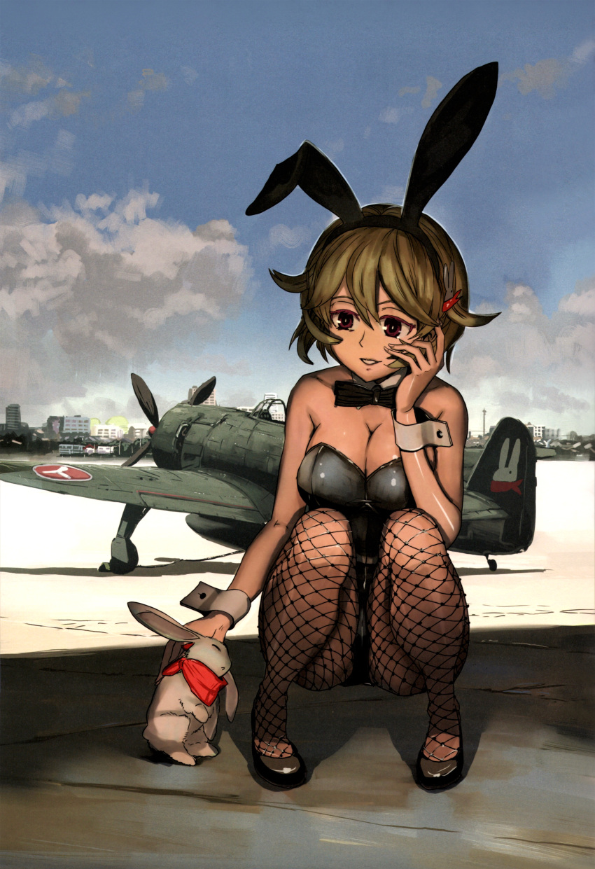 1girl absurdres aircraft breasts brown_hair bunny city cleavage cloud hair_ornament hairclip hand_on_own_cheek hand_on_own_face highres leotard nogami_takeshi playboy_bunny scan short_hair sky solo squatting wrist_cuffs