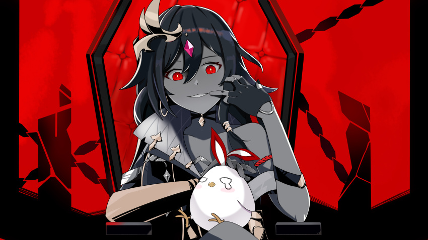 1girl absurdres animal bangs bird black_gloves black_hair chicken china_dress chinese_clothes dress fingerless_gloves fu_hua fu_hua_(herrscher_of_sentience) gloves grin hair_between_eyes hair_ornament highres holding holding_animal honkai_(series) honkai_impact_3rd king_(vocaloid) long_hair looking_at_viewer open_mouth red_background red_eyes single_sleeve smile solo teeth throne xiachujin