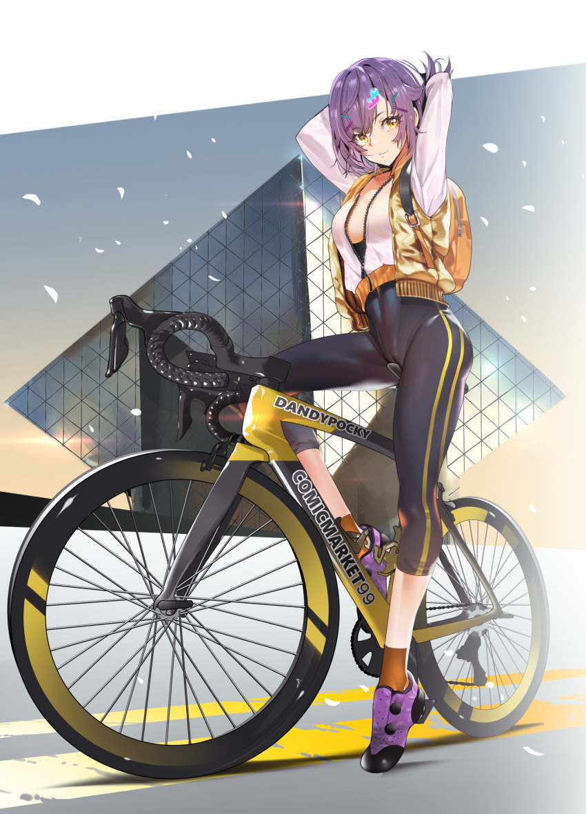 1girl absurdres adjusting_hair arms_up backpack bag bangs bicycle breasts cameltoe closed_mouth comiket covered_navel cropped_jacket eyebrows_visible_through_hair full_body ground_vehicle hair_ornament hairclip highres jacket leggings long_sleeves looking_at_viewer medium_breasts no_bra open_clothes open_jacket open_vest orange_legwear original partially_unzipped purple_footwear purple_hair short_hair sitting smile socks solo teddy_(khanshin) tokyo_big_sight vest white_jacket yellow_eyes yellow_vest