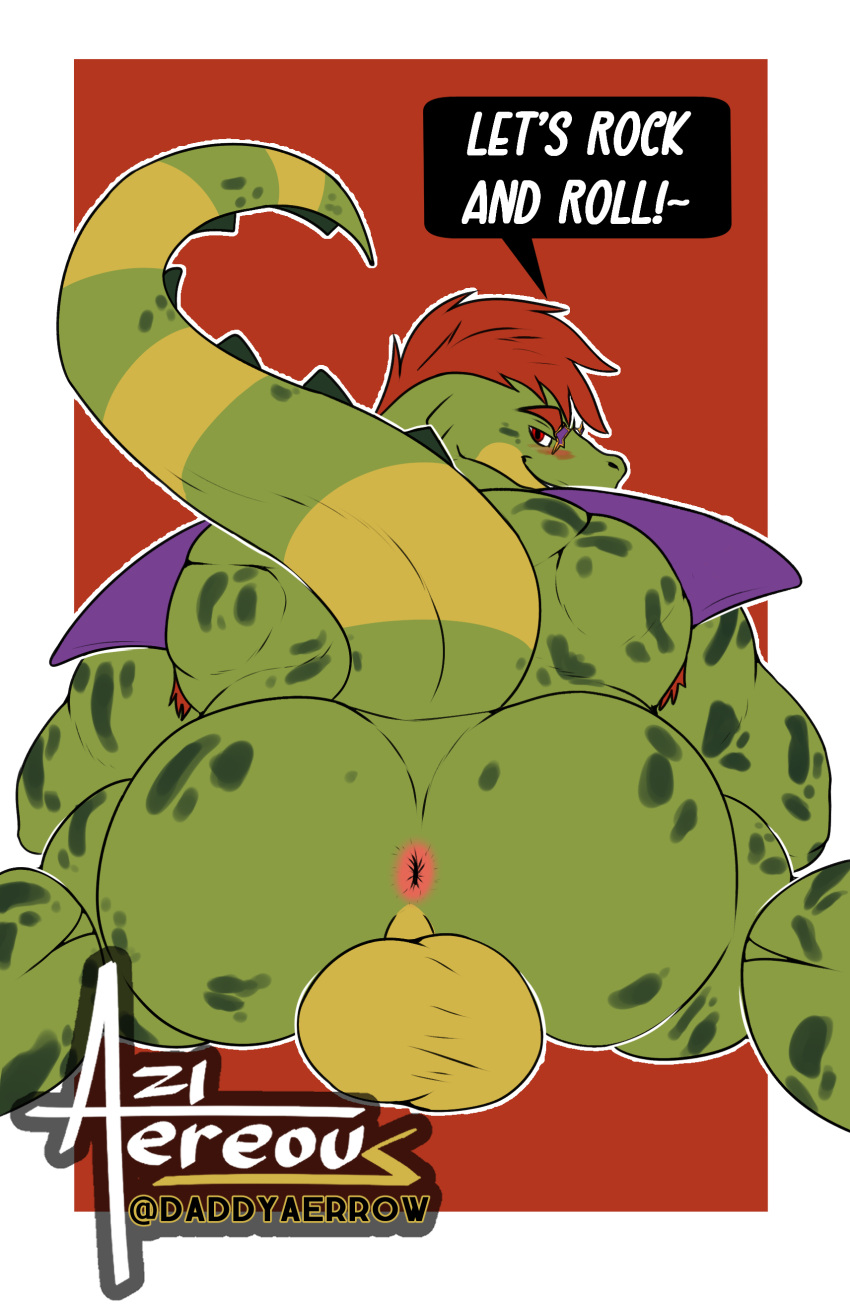 absurd_res aereous alligator alligatorid animatronic anthro anus anus_only armpit_hair balls big_balls big_butt big_tail body_hair butt crocodilian dialogue dialogue_box digital_drawing_(artwork) digital_media_(artwork) eyewear eyewear_only five_nights_at_freddy's five_nights_at_freddy's:_security_breach genitals green_body green_scales hair hi_res looking_at_viewer looking_back machine male mohawk montgomery_gator_(fnaf) muscular muscular_anthro muscular_male nude presenting presenting_anus presenting_balls presenting_hindquarters red_background red_eyes red_hair reptile robot scaled_body scales scalie scottgames shoulder_pads simple_background solo speech_bubble spots spotted_body spread_anus spreading sunglasses sunglasses_only video_games