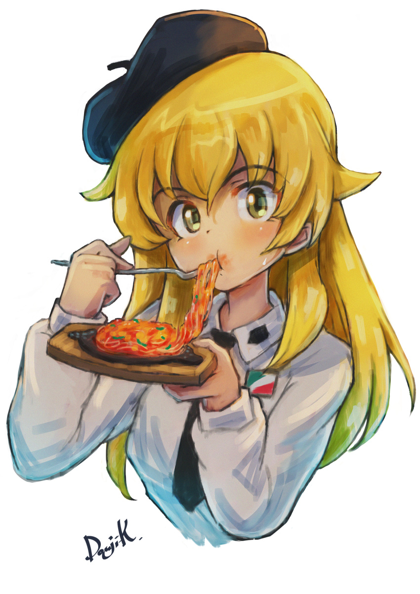 1girl anzio_school_uniform artist_name bangs beret black_headwear black_necktie blonde_hair carpaccio_(girls_und_panzer) commentary cropped_torso dress_shirt eating emblem eyebrows_visible_through_hair food fork girls_und_panzer green_eyes hat highres holding holding_fork holding_plate kuroneko_douji long_hair long_sleeves looking_at_viewer necktie pasta plate school_uniform shirt signature sketch solo sweatdrop tilted_headwear upper_body white_shirt wing_collar