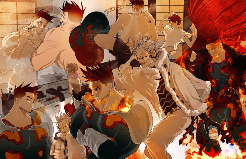3boys architecture bathroom beard blonde_hair bodysuit boku_no_hero_academia breath burn_scar collage costume drawing east_asian_architecture endeavor_(boku_no_hero_academia) exercise facial_hair father_and_son feathered_wings feathers fire food fur-trimmed_jacket fur_trim hawks_(boku_no_hero_academia) highres ice_cream ice_cream_cone jacket male_focus mature_male mirror multiple_boys muscular muscular_male nipples penis punching_bag razor red_feathers scar shaving shouji sliding_doors soft_serve soldiafg special_moves steam todoroki_shouto toned toned_male topless_male wings