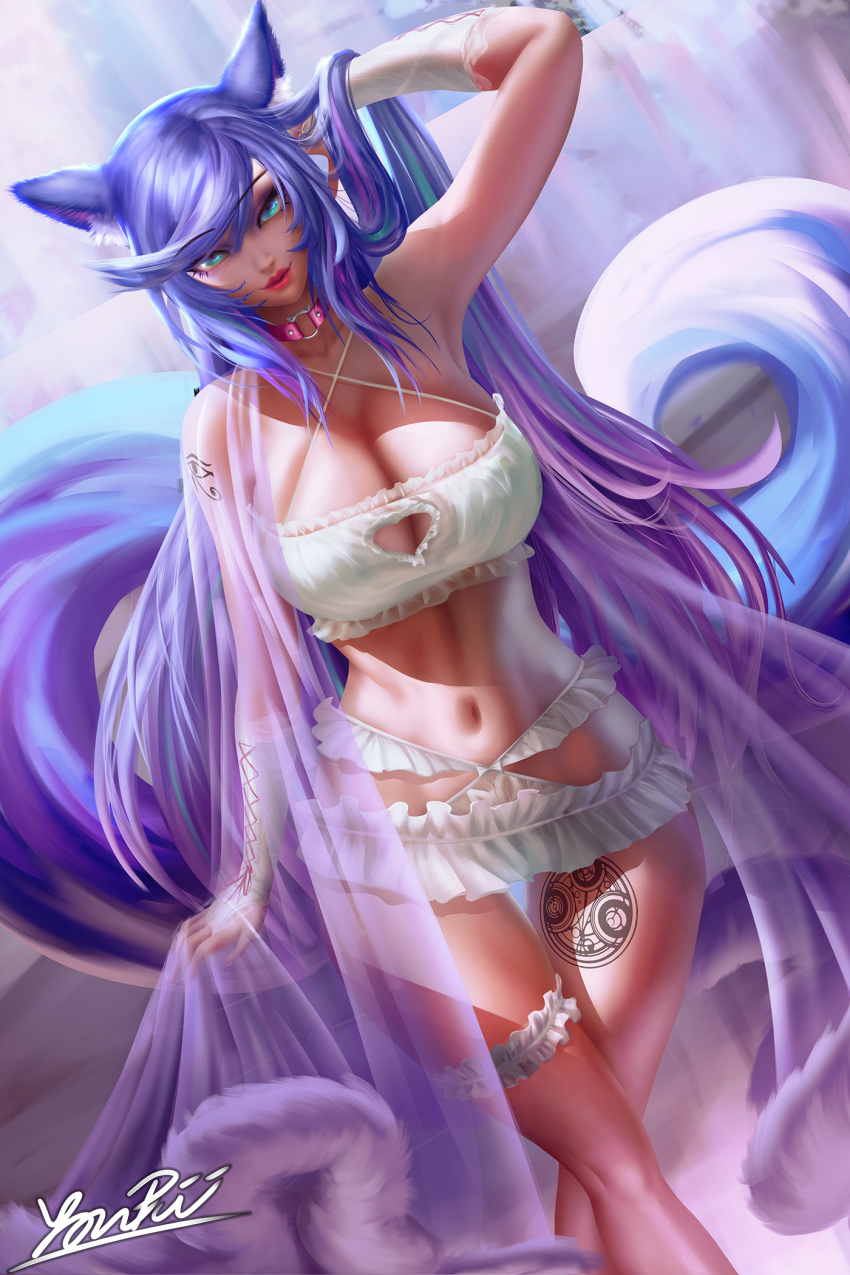 alternate_version_at_source animal_humanoid arm_tattoo armwear big_breasts biped blue_body blue_ears blue_eyes blue_fur blue_hair blue_tail bottomwear breasts canid canid_humanoid canine canine_humanoid cleavage cleavage_cutout clothed clothing coat collar curtains curvaceous curvy_figure day detailed_background digital_media_(artwork) dipstick_tail eyelashes female fingerless_gloves fluffy_ears fox_humanoid front_view fur fur_trim_(clothing) gloves green_eyes hair hand_in_hair handwear hi_res huge_breasts humanoid inner_ear_fluff leg_tattoo legband light_body light_skin lips long_hair long_tail looking_at_viewer mammal mammal_humanoid markings midriff miniskirt monotone_ears multicolored_eyes multicolored_hair multicolored_tail navel outside pink_inner_ear portrait purple_body purple_clothing purple_coat purple_fur purple_hair purple_tail purple_topwear raised_arm red_lips skimpy skirt small_waist smile solo standing tail_markings tattoo thigh_gap thighband three-quarter_portrait topwear touching_hair translucent translucent_clothing tube_top tuft two_tone_eyes underwear voluptuous white_armwear white_body white_bottomwear white_clothing white_fur white_gloves white_handwear white_inner_ear_fluff white_skirt white_tail white_topwear white_underwear wide_hips yonpii