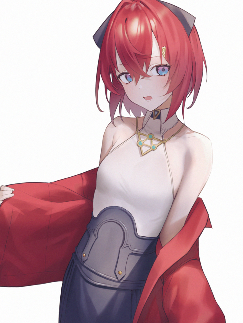 1girl ange_katrina bangs bare_shoulders black_skirt blue_eyes breasts collared_shirt commentary_request eyebrows_visible_through_hair hair_between_eyes hair_ornament high-waist_skirt highres jacket jewelry long_sleeves looking_at_viewer necklace nijisanji off_shoulder open_clothes open_jacket open_mouth red_hair red_jacket shirt simple_background skirt sleeveless sleeveless_shirt solo standing virtual_youtuber white_background white_shirt yaye
