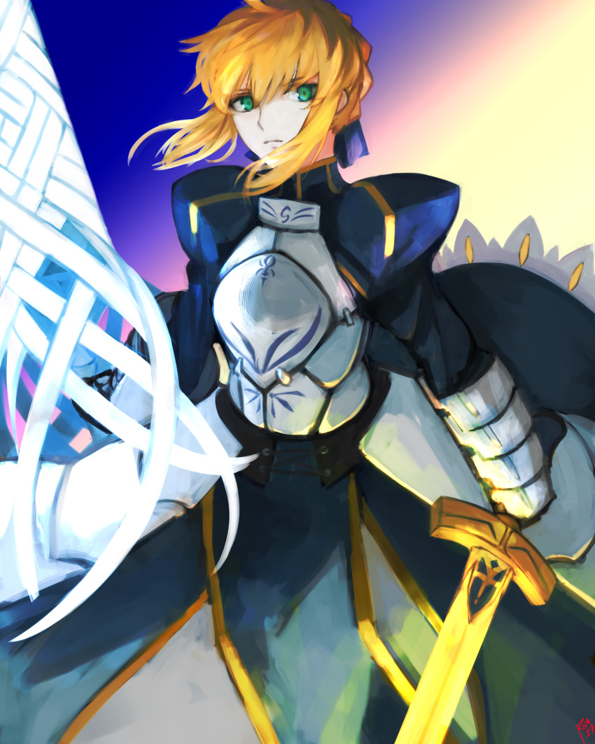 1girl ahoge armor armored_dress artoria_pendragon_(fate) blonde_hair blue_dress blue_ribbon braid breastplate dress excalibur_(fate/stay_night) expressionless fate/grand_order fate_(series) french_braid gauntlets green_eyes highres juliet_sleeves long_sleeves looking_at_viewer moedredd painterly puffy_sleeves rhongomyniad_(fate) ribbon saber solo