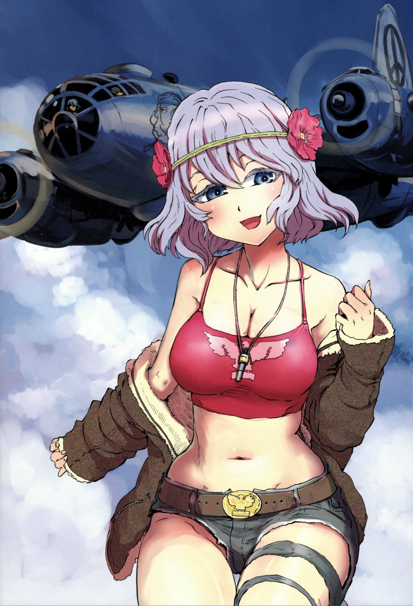 1girl absurdres aircraft b-29_superfortress belt blue_eyes blush bra breasts cleavage cloud flower hair_flower hair_ornament highres lingerie long_hair midriff navel nogami_takeshi open_mouth pink_hair scan sky solo underwear