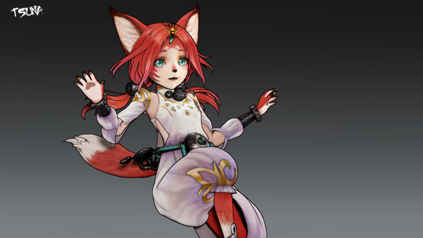 3d_(artwork) anthro blue_eyes canid canine clothing crown digital_media_(artwork) dipstick_tail female flowing_hair fox fur hair hi_res inner_ear_fluff koei_tecmo leg_markings mammal markings open_mouth otsunao pawpads red_body red_fur red_hair solo surprised_expression tail_markings tamaki_(warriors) tiara tied_hair tuft twintails_(hairstyle) warriors_(game_series) warriors_all-stars white_clothing