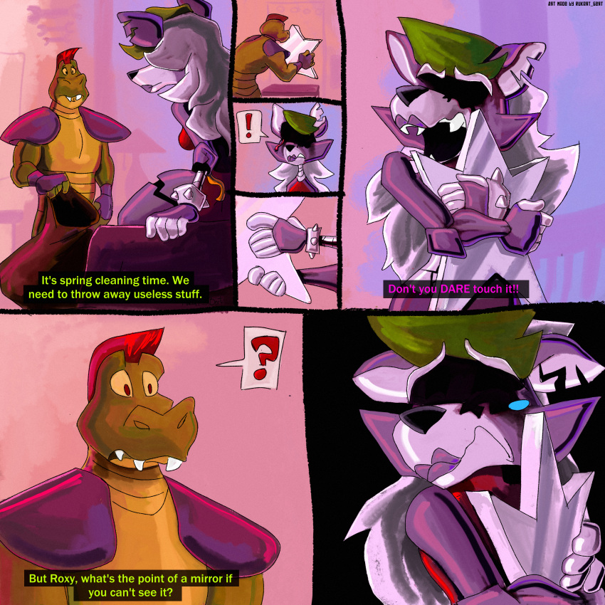 absurd_res alligator alligatorid animatronic anthro blind bodily_fluids bracelet broken_ear canid canine canis clutching comic cracks crocodilian duo empty_eye_sockets empty_eyes eye_socket eyeless female five_nights_at_freddy's five_nights_at_freddy's:_security_breach frown fur green_body green_hair green_scales hair hi_res jewelry lipstick long_hair machine makeup male male/female mammal mirror miserable mohawk montgomery_gator_(fnaf) purple_body purple_fur red_hair reptile robot roxanne_wolf_(fnaf) rukart_bert sack scales scalie scottgames shoulder_pads spiked_bracelet spikes tears video_games white_hair wire wolf