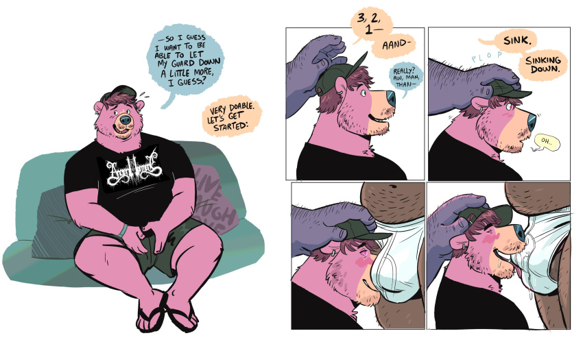 absurd_res anthro baseball_cap beard belly blush bodily_fluids body_hair bottomwear bulge bulge_in_face bulge_nuzzling clothed clothing comic dialogue digital_media_(artwork) dramamine duo ear_piercing english_text facial_hair fur genitals hair hairy hat headgear headwear hi_res hypnosis male male/male mammal mind_control overweight penis piercing pink_body pink_fur saliva_on_bulge shirt shorts simple_background size_difference smile speech_bubble t-shirt text tongue tongue_out topwear underwear unknown_species ursid