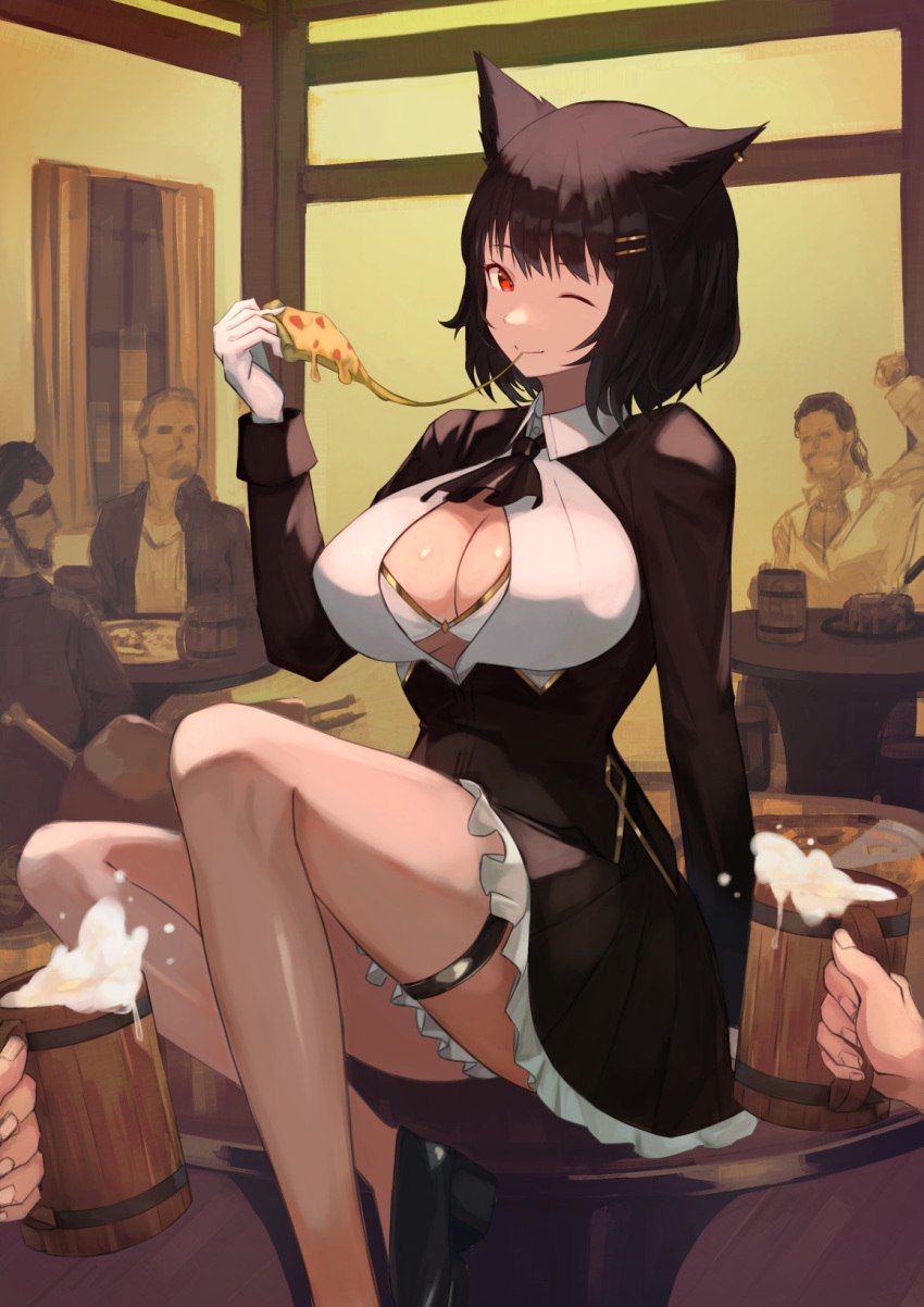 1girl ;) animal_ears ascot bar_censor beer_mug black_ascot black_hair black_jacket black_skirt breasts censored cleavage closed_mouth collared_shirt commentary cup dress_shirt ear_piercing framed_breasts gloves hair_ornament hairclip highres jacket long_sleeves miniskirt mug on_table one_eye_closed original partially_unbuttoned piercing pizza_slice red_eyes shirt short_hair sino_(oyasumi_hf) sitting skirt smile symbol-only_commentary table thigh_strap thighs white_gloves white_shirt