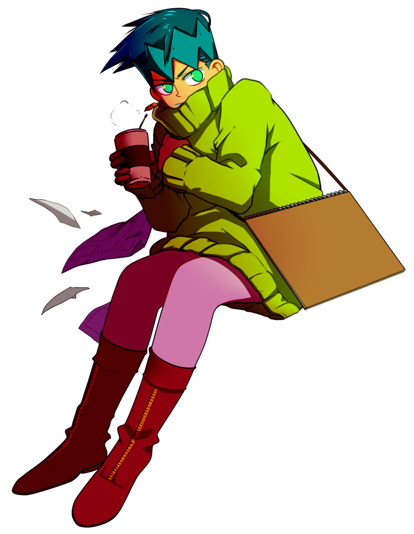 1boy aqua_hair aqua_lips boots coffee_cup cup disposable_cup green_eyes green_hair green_lips green_shirt headband highres jojo_no_kimyou_na_bouken kishibe_rohan male_focus paper shirt sitting sketchbook solo sweater tariah_furlow turtleneck turtleneck_sweater undercut