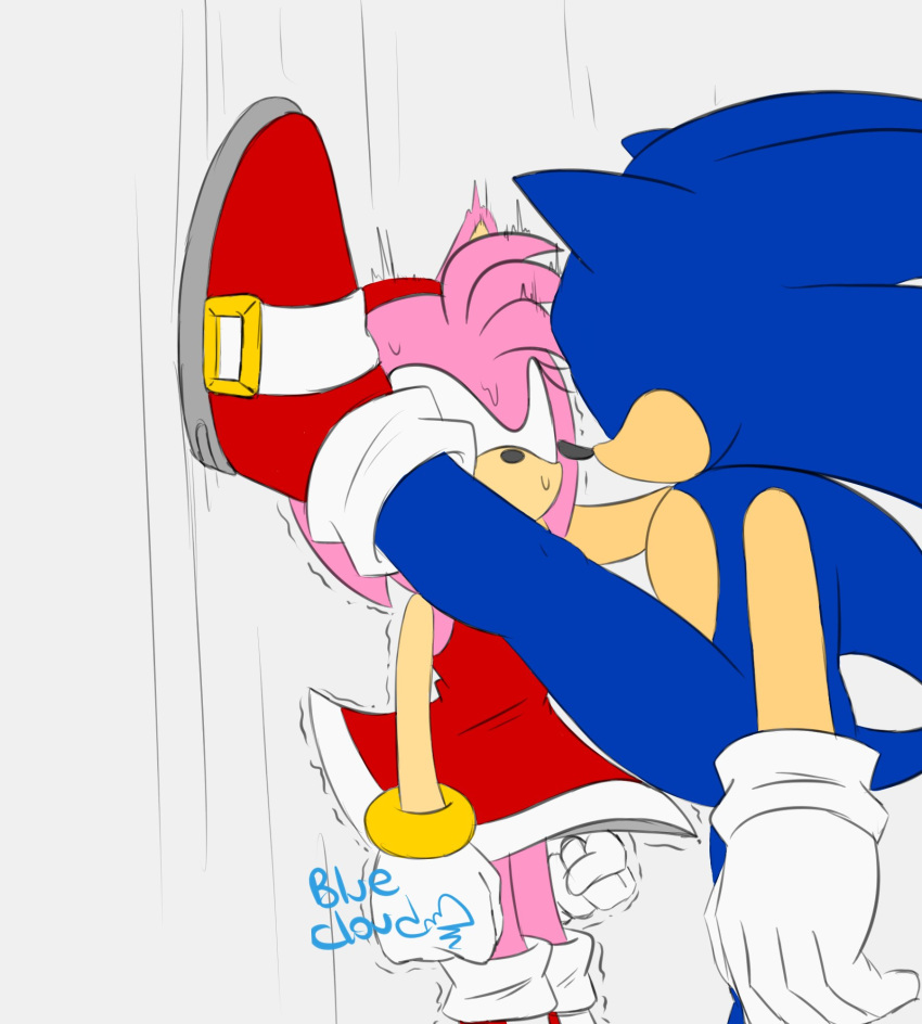 against_surface against_wall amy_rose blue_body blue_fur bluecloud bodily_fluids clothing cornered dress duo eulipotyphlan female fist fur hedgehog hi_res male male/female mammal nervous pink_body pink_fur questionable_consent raised_leg red_clothing red_dress scared sega shaking size_difference sonic_the_hedgehog sonic_the_hedgehog_(series) sweat thick_thighs trembling wall_(structure)