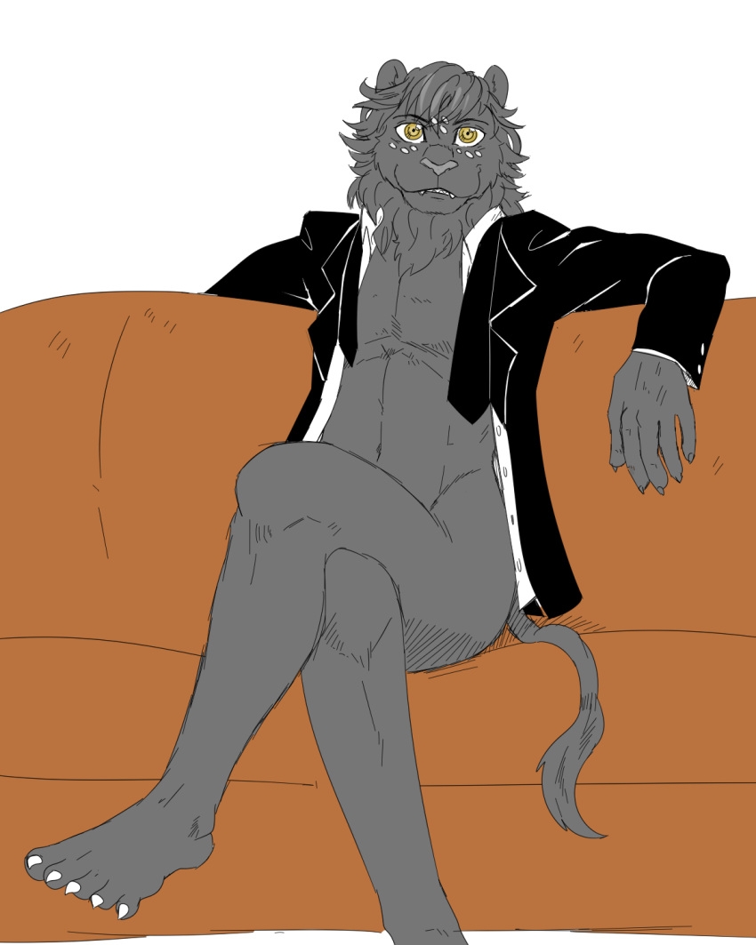 a-side agata_(beastars) anthro beastars bottomless clothed clothing crossed_legs felid fur furniture grey_body grey_fur hi_res lion looking_at_viewer male mammal mostly_nude open_clothing open_shirt open_topwear pantherine shirt shirt_only sitting sofa solo topwear topwear_only yellow_eyes