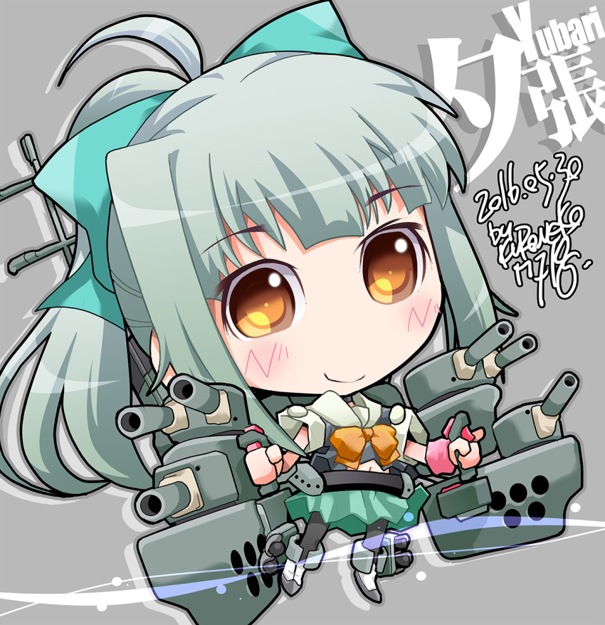 1girl black_legwear bow brown_eyes cannon character_name chibi green_bow green_hair green_skirt hair_bow highres kantai_collection kuroneko_(kuroneko_works) pantyhose pleated_skirt ponytail rigging school_uniform serafuku skirt solo turret yuubari_(kancolle)