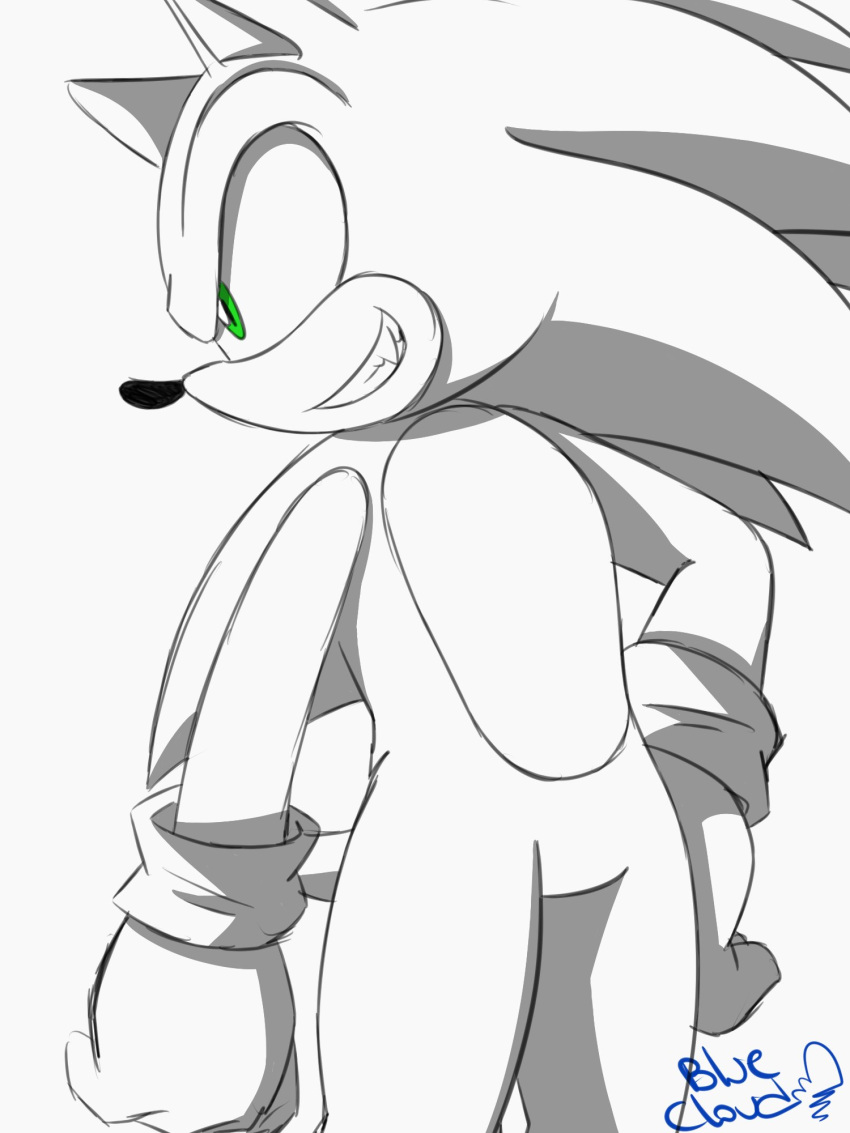 bluecloud confident eulipotyphlan green_eyes hedgehog hi_res looking_aside male mammal monochrome sega smile solo sonic_the_hedgehog sonic_the_hedgehog_(series) standing teeth thick_thighs