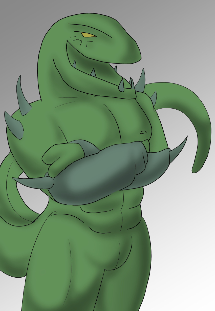 2020 absurd_res anthro crossed_arms digital_media_(artwork) duel_monster featureless_crotch gagagigo green_body green_scales green_skin grey_background hi_res kiiro_endings konami lizard male mostly_nude open_mouth open_smile portrait reptile scales scalie simple_background smile solo spikes standing three-quarter_portrait three-quarter_view vambrace yellow_eyes yu-gi-oh