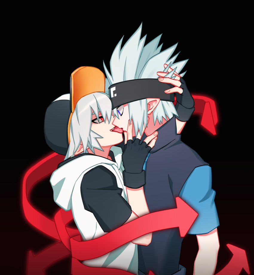 2boys aotu_world arrow_(symbol) black_background black_gloves black_headband black_headwear blue_eyes fingerless_gloves fingernails gloves grey_hair hand_in_another's_hair hand_on_another's_cheek hand_on_another's_face hat headband highres hood hood_down hoodie licking looking_at_another male_focus multiple_boys parted_lips pointy_ears red_eyes simple_background spiked_hair teeth tongue tongue_out white_hair white_hoodie wuliu_heihuo yaoi