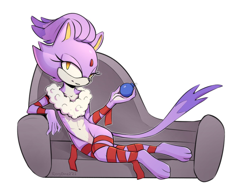 anthro blaze_the_cat christmas_bauble domestic_cat felid feline felis female hi_res looking_at_viewer mammal nude qrog ribbons sega sitting smile solo sonic_the_hedgehog_(series)