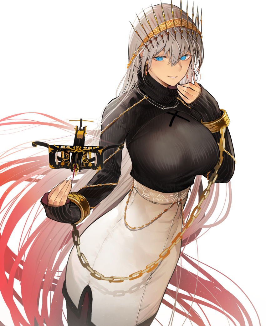 1girl bangs breasts crown dark-skinned_female dark_skin fate/grand_order fate_(series) grey_hair highres large_breasts long_hair long_sleeves looking_at_viewer nishiide_kengorou smile solo zenobia_(fate)