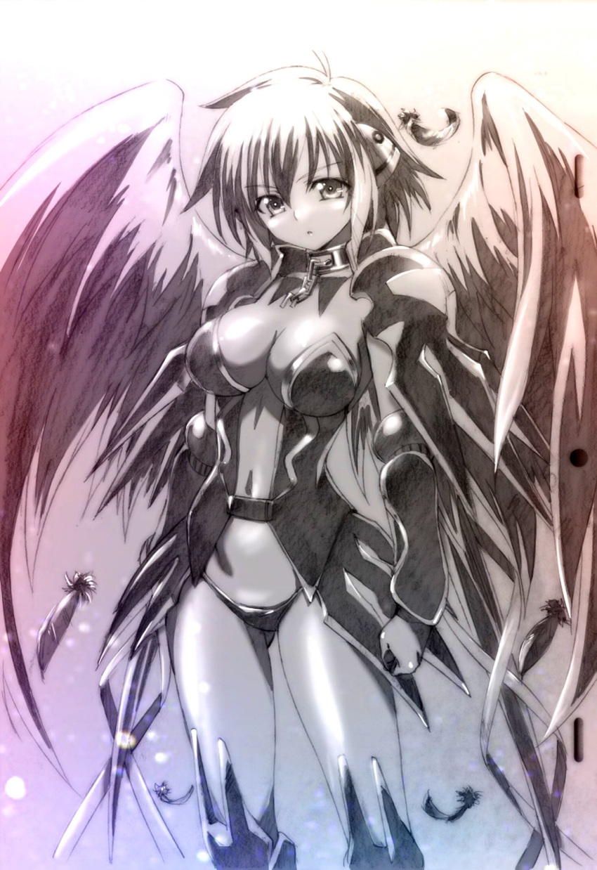 1girl angel_wings breasts center_opening chain cleavage clenched_hand collar expressionless feet_out_of_frame gauntlets highres ikaros monochrome navel parted_lips robot_ears solo sora_no_otoshimono standing watanabe_yoshihiro wings