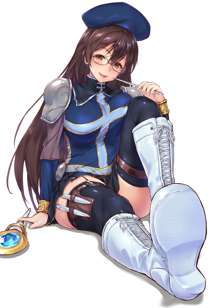 1girl armor beret black_legwear black_skirt blue_headwear blue_shirt boots brown_eyes brown_hair cross-laced_footwear glasses hair_between_eyes hat highres knee_boots knife lace-up_boots long_hair long_sleeves looking_at_viewer open_mouth original scepter shirt shoe_soles shoulder_armor sitting skirt smile solo thighhighs thighhighs_under_boots toriatto_gununu white_background white_footwear