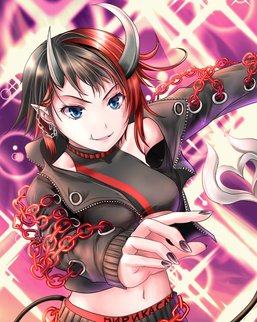 1girl bangs black_hair black_jacket black_nails black_pants black_sports_bra blue_eyes breasts chain commentary_request cowboy_shot cropped_jacket demon_girl demon_horns demon_tail highres horns jacket large_breasts looking_at_viewer midriff multicolored_hair nail_polish navel open_clothes open_jacket open_mouth pants pointy_ears purple_background red_hair red_pants red_sports_bra ryugasaki_rene short_hair solo sparkle sports_bra sugar_lyric tail two-tone_hair two-tone_pants underboob virtual_youtuber yuki_shuuka zipper