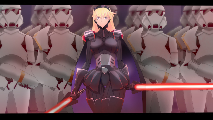 1girl absurdres am_(star_wars) amarenafallen blonde_hair boots breasts cape dual_wielding energy_sword highres holding letterboxed lightsaber long_hair medium_breasts pilot_suit purple_cape purple_eyes sith skin_tight solo star_wars star_wars_manga stormtrooper sword thigh_boots thigh_gap thighhighs thighs tiara trigger_(company) walking weapon