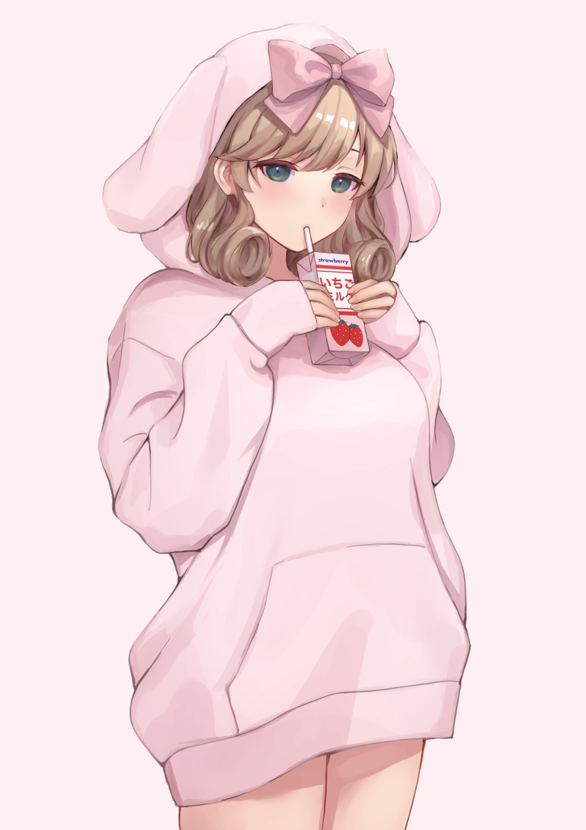 1girl absurdres animal_hood bangs blonde_hair bow breasts bunny_hood commentary_request cowboy_shot curly_hair drinking drinking_straw eyelashes food fruit green_eyes hair_bow half-closed_eyes haruka_(senran_kagura) highres holding hood hoodie juice_box lemonrou medium_hair pink_bow pink_hoodie senran_kagura solo strawberry thighs