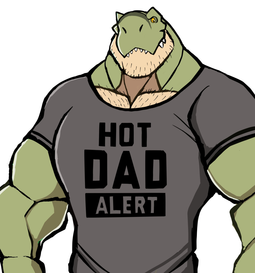 2021 absurd_res anthro big_muscles body_hair chest_hair clothed clothing daddy_kink darknaigart dinosaur english_text facial_hair half-length_portrait hi_res huge_muscles jace_(darknaig) looking_at_viewer male muscular muscular_anthro muscular_male pecs portrait reptile scalie shirt simple_background smile solo standing t-shirt teeth text text_on_clothing text_on_shirt text_on_topwear theropod topwear tyrannosaurid tyrannosaurus tyrannosaurus_rex white_background