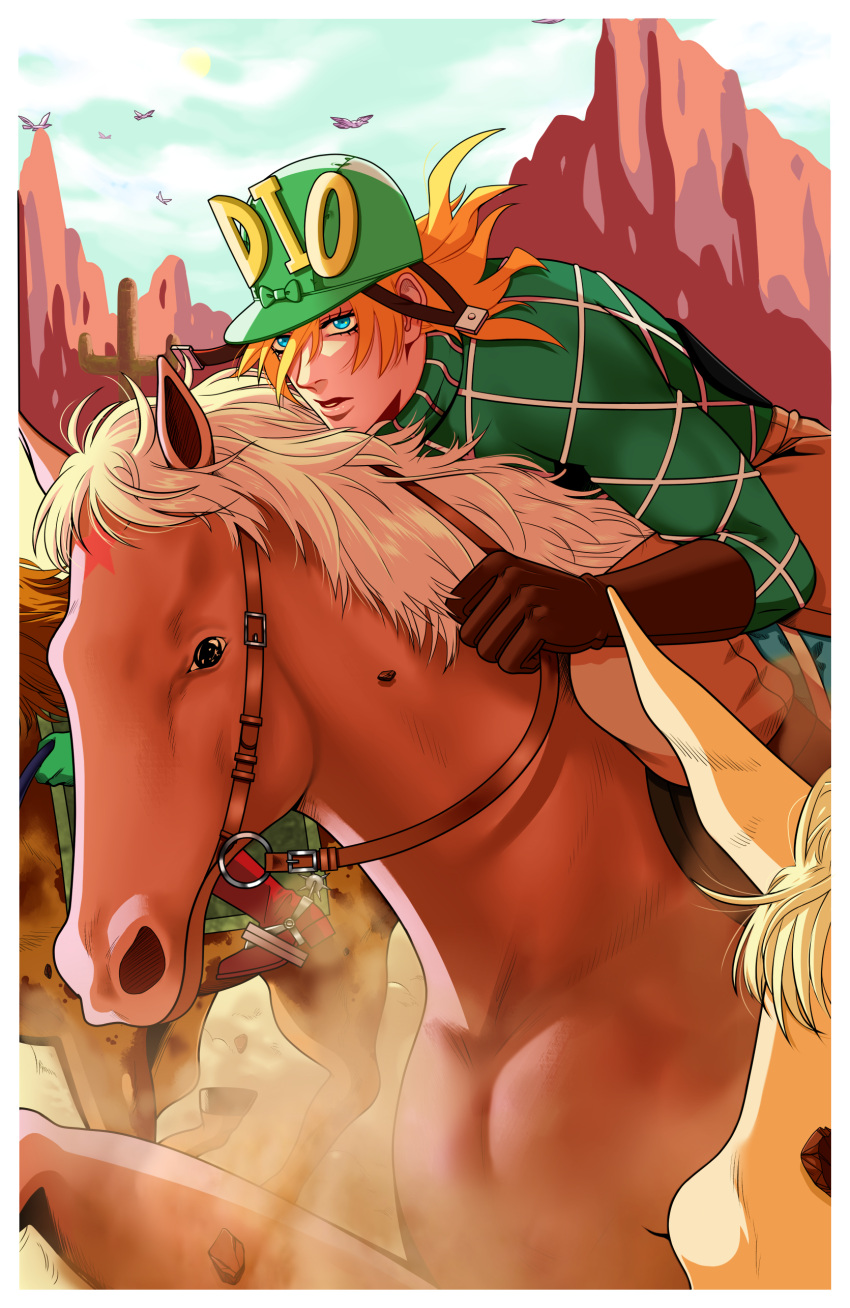 1boy absurdres argyle argyle_sweater blonde_hair blue_eyes canyon diego_brando gloves green_shirt hat helmet highres horse jojo_no_kimyou_na_bouken male_focus shirt solo sweater tariah_furlow