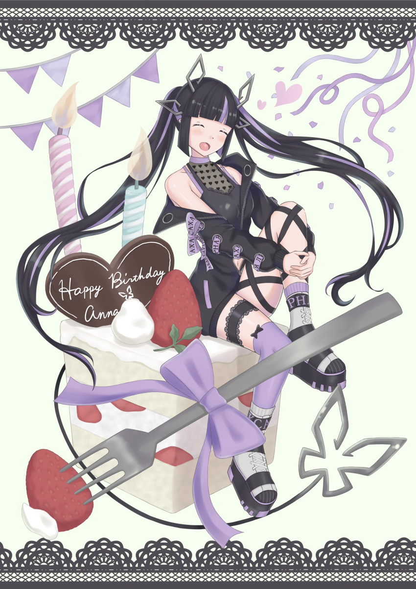 1girl bangs black_footwear black_hair black_jacket black_ribbon black_shirt blush boots bow breasts candle candy chocolate closed_eyes commentary_request confetti cross-laced_sleeves demon_girl demon_horns demon_tail fire flame food fork fruit full_body happy_birthday heart heart-shaped_chocolate heart_print highres horns hugging_own_legs jacket kojo_anna lace_border leg_ribbon long_hair long_sleeves medium_breasts multicolored_footwear multicolored_hair navel off_shoulder open_clothes open_jacket open_mouth oversized_food own_hands_together pointy_ears print_shirt purple_bow purple_footwear purple_hair purple_legwear ribbon rsyiets russian_text see-through_shirt shirt single_thighhigh sleeveless sleeveless_shirt smile solo strawberry strawberry_shortcake sugar_lyric tail thigh_strap thighhighs twintails two-tone_hair very_long_hair virtual_youtuber white_footwear