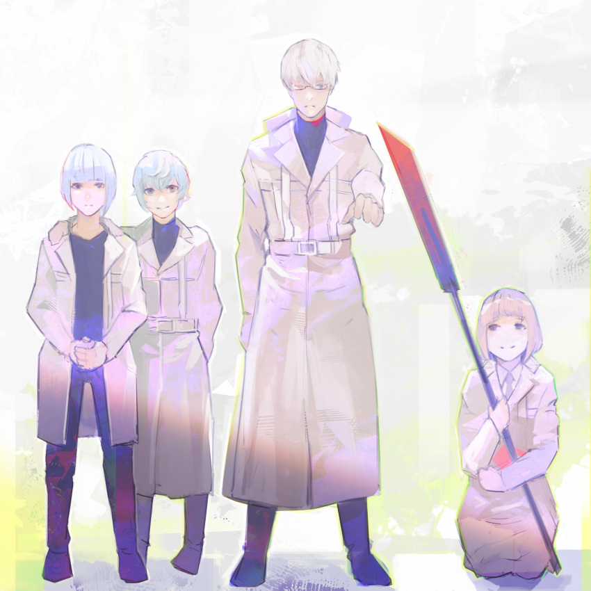 2boys 2girls arima_kishou arm_around_shoulder bangs black_pants black_shirt blunt_bangs brown_jacket character_request check_character full_body glasses hairu_ihei highres holding holding_weapon if_they_mated jacket kyuuba_melo long_sleeves looking_at_another looking_at_viewer multiple_boys multiple_girls pants pink_hair seiza shiny shiny_hair shirt short_hair sitting smile standing tokyo_ghoul tokyo_ghoul:re weapon white_hair