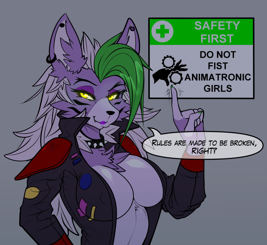 absurd_res anthro breasts canid canine canis clothing collar colored_nails dialogue ear_piercing female five_nights_at_freddy's five_nights_at_freddy's:_security_breach fur glowing glowing_eyes green_hair green_nails hair hi_res jacket lipstick makeup mammal nails nipple_outline phaser_automata piercing purple_body purple_fur purple_lipstick roxanne_wolf_(fnaf) scottgames shoulder_pads sign simple_background solo speech_bubble spiked_collar spikes topwear video_games warning_sign white_hair yellow_eyes