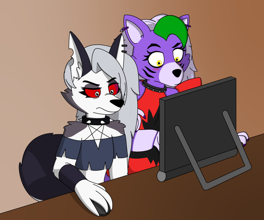 absurd_res anthro canid canine canis collar computer_monitor duo ear_piercing female five_nights_at_freddy's five_nights_at_freddy's:_security_breach fur goth green_highlights grey_body grey_fur hair helluva_boss hi_res highlights_(coloring) loona_(helluva_boss) mammal multicolored_body multicolored_fur piercing purple_body purple_fur red_eyes roxanne_wolf_(fnaf) scottgames spiked_collar spikes two_tone_body two_tone_fur unknown_artist video_games white_hair wolf yellow_eyes
