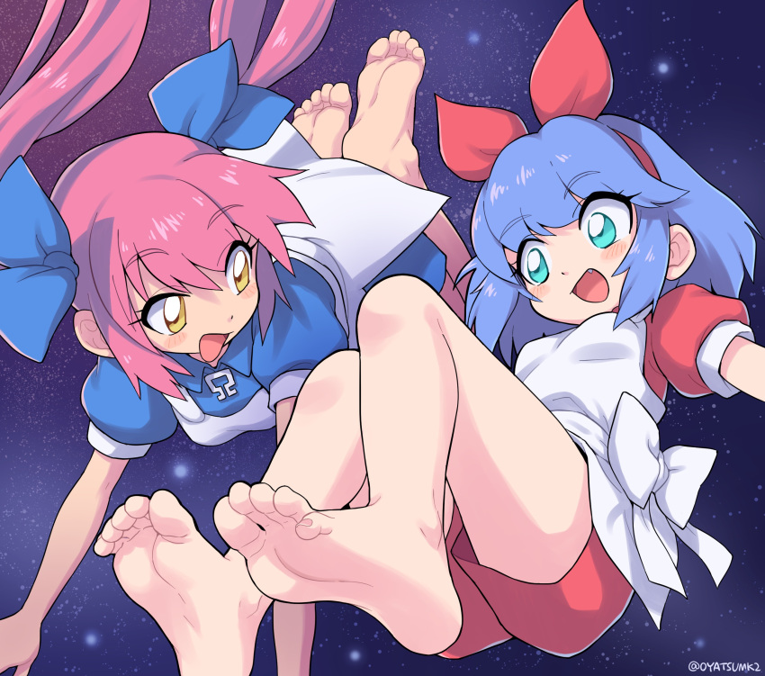 2girls absurdres aqua_eyes bare_legs barefoot blue_bow blue_eyes blue_hair blue_ribbon blush bow collared_dress fang feet highres long_hair multiple_girls omega_rei omega_rio omega_sisters omega_symbol open_mouth oyatsu_(mk2) pink_hair puffy_short_sleeves puffy_sleeves red_bow ribbon short_sleeves smile soles toes twintails virtual_youtuber yellow_eyes