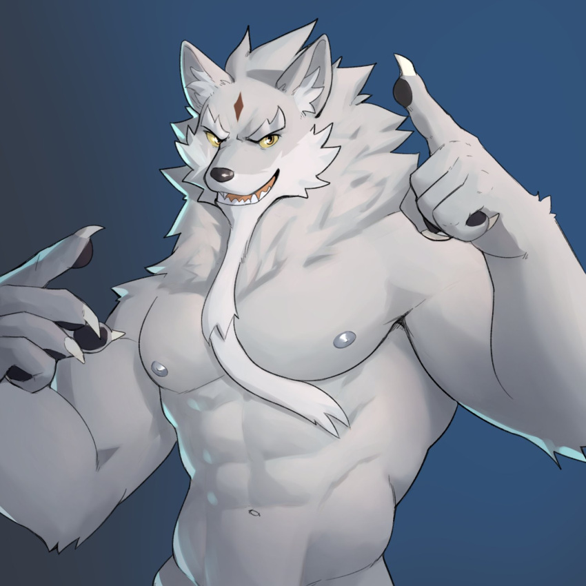 2021 5_fingers abs anthro beard biceps canid canine canis claws colored eyebrows facial_hair fingers fur grey_body grey_fur hi_res humanoid_hands inner_ear_fluff jrjresq law_(sdorica_sunset) male mammal muscular muscular_anthro muscular_male navel nipples pawpads pecs sdorica solo thick_eyebrows tuft white_eyebrows wolf yellow_eyes yellow_sclera